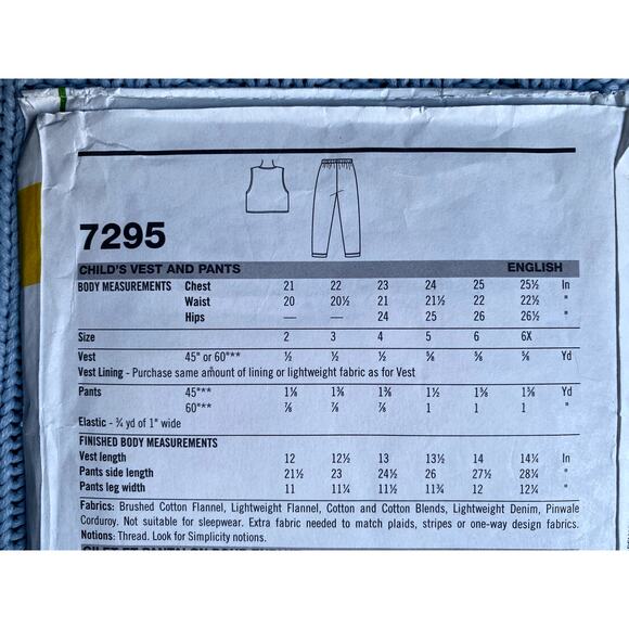 Simplicity 7295 Sewing pattern kids vest pants size 2 3 4 5 6 6x - Picture 4 of 5